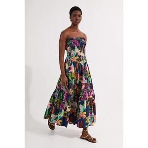 Karen Millen Dress Shirred Cotton Floral Print Bandeau Woven Maxi Women's Size 4